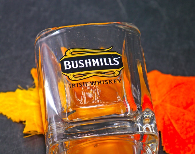 Bushmills Irish Whisky old-fashioned, on-the-rocks, whisky glass. Etched-glass branding.