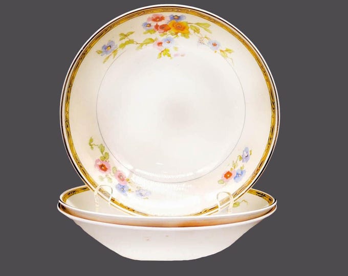 Three Johnson Brothers Watteau coupe cereal bowls. Pareek ironstone made in England.