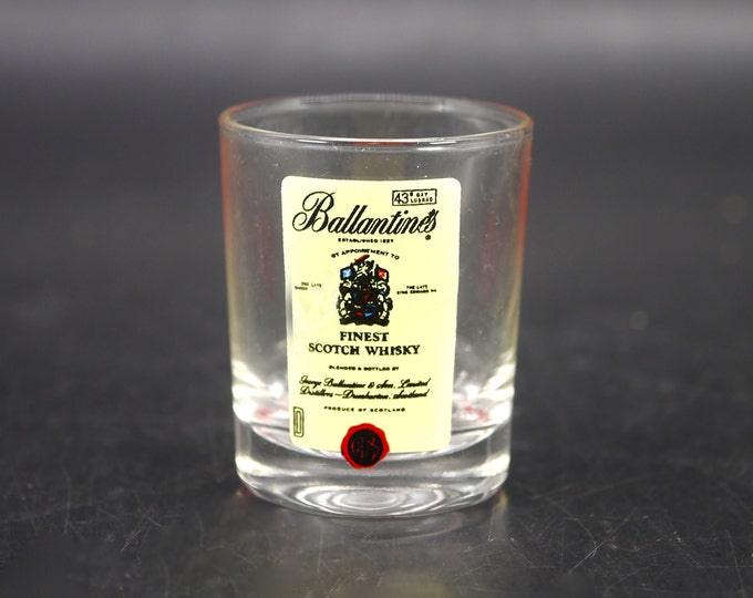 Ballantine's Finest Scotch Whisky single shot glass. Etched-glass branding.