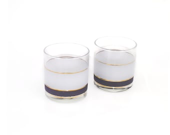 Pair of MCM Libbey old-fashioned | loball | on-the-rocks glasses. Black gold bands, white frosted panel. Gift for him. Gift for dad.