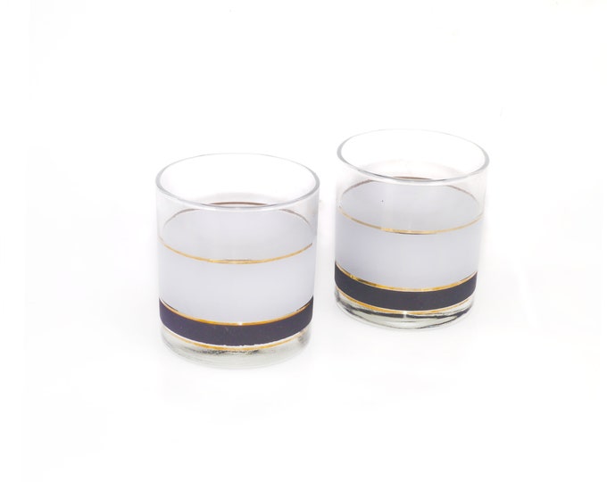 Pair of MCM Libbey old-fashioned | loball | on-the-rocks glasses. Black gold bands, white frosted panel.