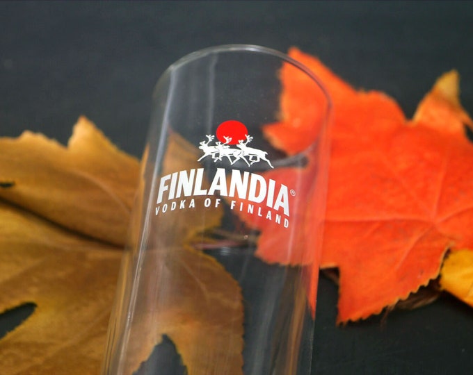 Finlandia Vodka tumbler glass. Etched-glass branding, weighted base. Commercial-quality glassware.