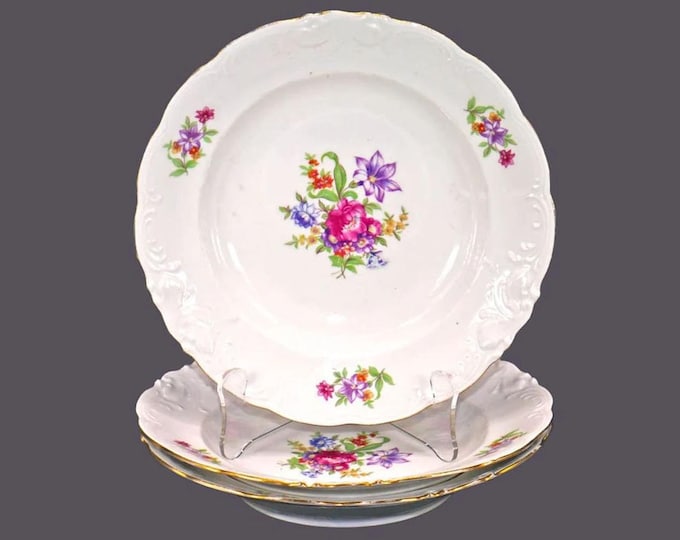 Three Walbrzych Meissen Flower rimmed soup bowls, embossed scrolls, made in Poland.