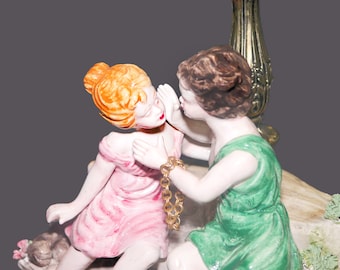 MCM Capodimonte Figural Table Lamp: Murano Glass Shade, Beaded Fringe