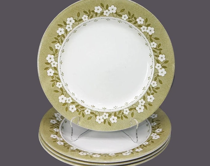 Four J&G Meakin Mayflower dinner plates made in England. Minor flaw (see below).