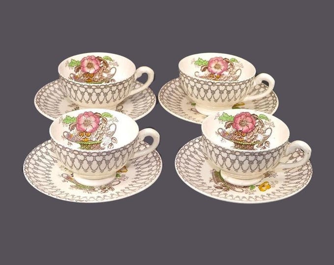 Four art-deco era Myott Bonnie Dundee cup and saucer sets made in England. Flaws (see below).