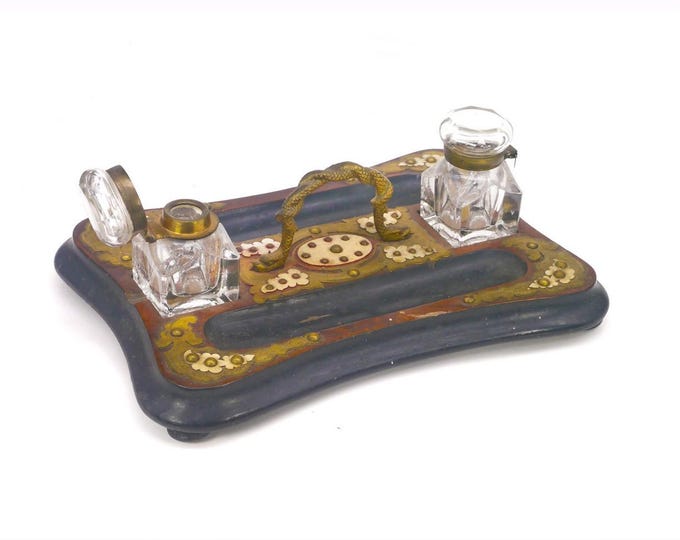 Antique Victorian-era wood and brass double inkwell | desk companion. Cut-glass ink jars, brass serpent handle.