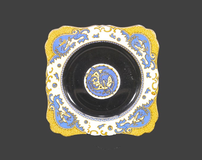 Art-deco era Royal Winton Grimwades A6045-1 square salad plate made in England. Tan and blue scrolls, black center and trim.