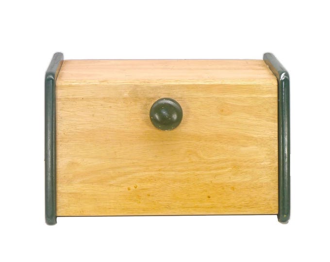 Retro 1970s wood bread box made in Thailand M. Kamenstein Inc. Green knob pull.
