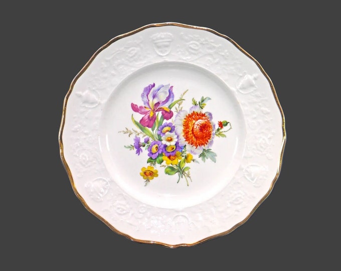 Simpsons Potters dinner plate. Center florals, embossed urns, gold edge. Solian Ware made in England.