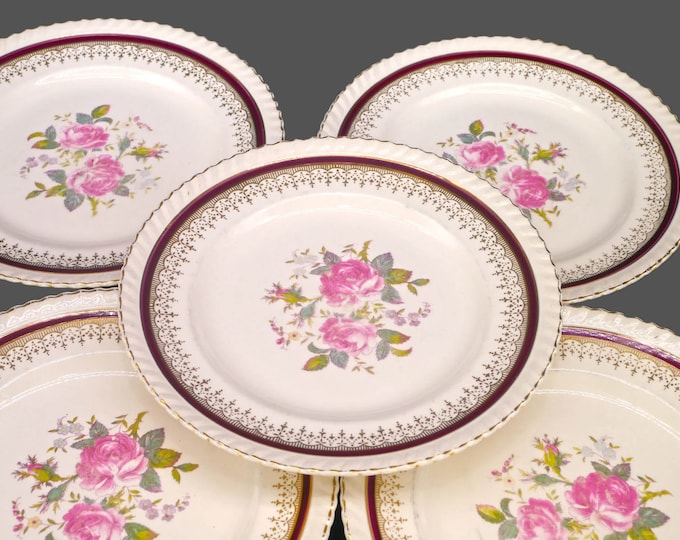 Five Johnson Brothers JB334 Maroon salad plates. Pareek ironstone made in England. Flaws (see below).