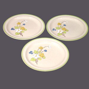 May include: Three white ceramic plates with a green rim and a floral design in shades of blue, yellow, and green.