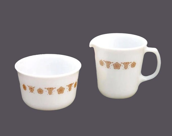 Retro vintage Corelle | Corning Butterfly Gold glass creamer and open sugar bowl set made in the USA.