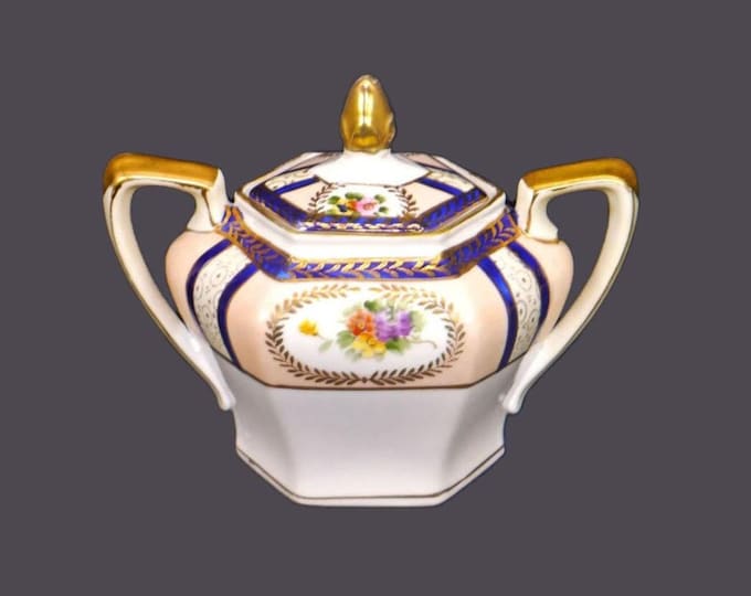 Antique Noritake Morimura hand-painted Nippon cobalt and gold covered, double-handled sugar bowl. Multicolor flowers, gold leaves.