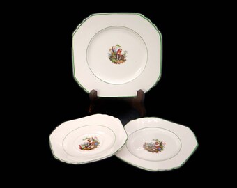Three pieces of antique art-nouveau era Bridgwood & Son 2896 tableware. Troubadour Medieval Scene two plates and saucer. Made in England