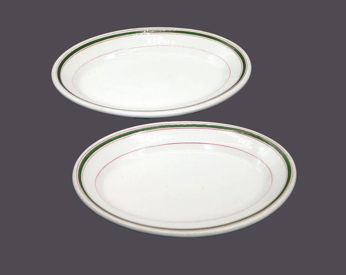 Pair of John Maddock oval burger | sandwich platters. Red | cranberry bands. Vitrified Hotelware | Restaurant Ware made in England.