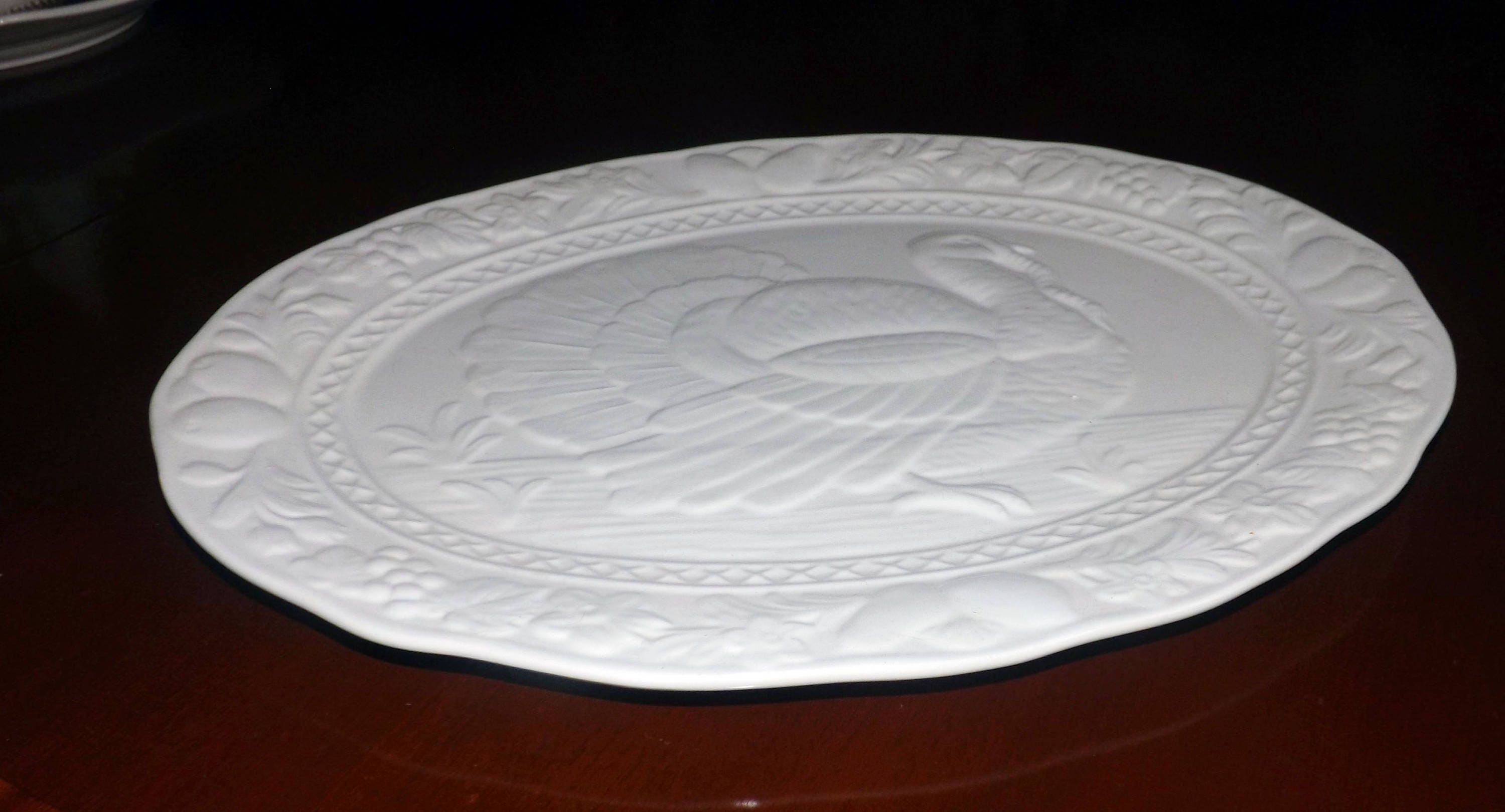 Vintage (1970s) allwhite JAP22 large, ceramic turkey platter. Central