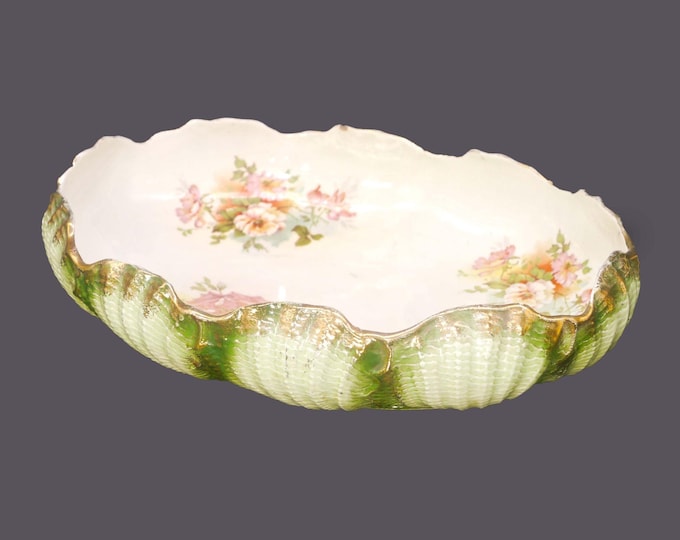 Antique Edwardian Age Grimwade Bros oval serving bowl. Embossed green, peach flowers, gold accents. Made in England.