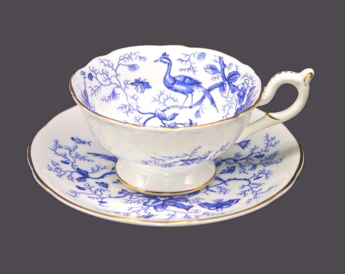 Coalport Cairo Blue blue-and-wide wide-mouth tea set. Bone china made in England. Blue birds on white. Gold dots on handle.