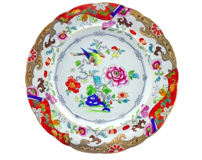 Victorian Ashworth Bros Dieu et Mon Droit B375 Chinoiserie charger dinner plate. Made in England. Flaw (see below).