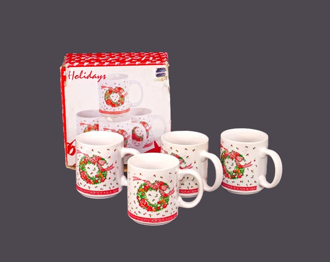 Four Himark Victorian Wreath 16-3005 boxed Christmas stoneware coffee or tea mugs made in Taiwan.