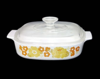 Corning Summerhill 1-quart square casserole with original domed-glass lid made in USA.