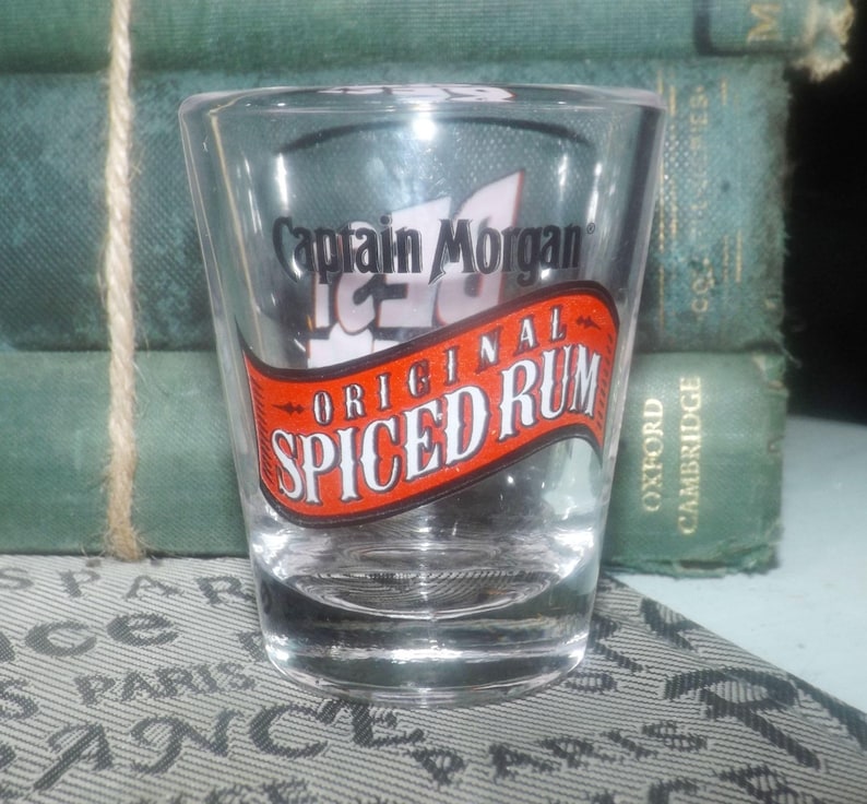 Etched-glass branding and artwork. Captain Morgan Best Shot Spiced Rum single shot glass Vintage early to mid 1990s