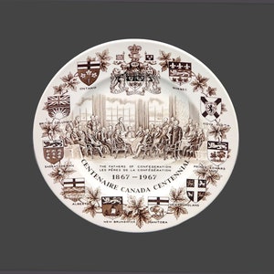 Wood & Sons Canadian Centennial 1967 commemorative plate. Fathers of Confederation. Alpine White Ironstone made in England.