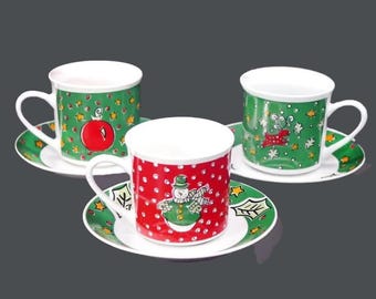 Vintage Gibson Christmas Treasures Cup and Saucer Sets. 3 sets.