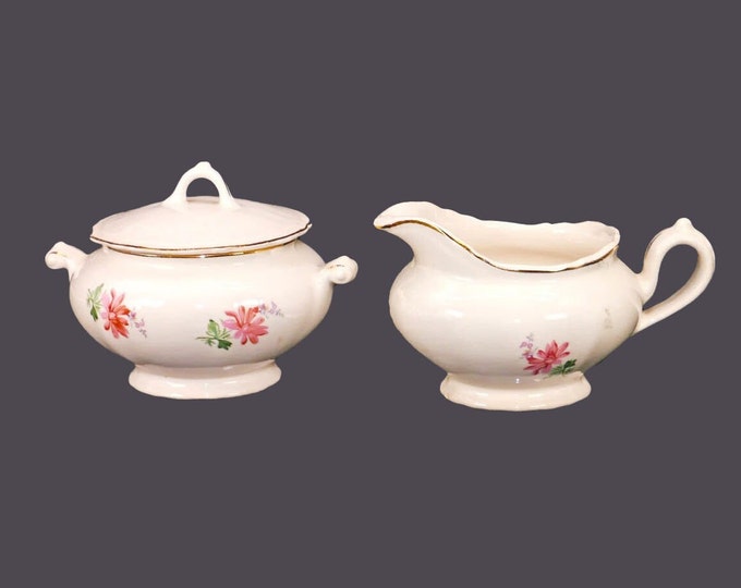 Sovereign Potters creamer and covered sugar bowl. Pink and purple flowers similar to SVP20.