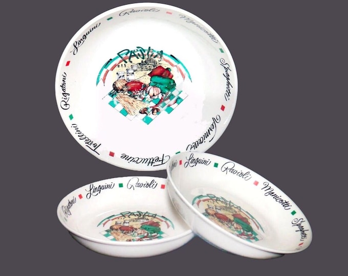 Three-piece pasta bowl set. Large serving bowl, two individual pasta bowls. Pasta wording, vegetables.