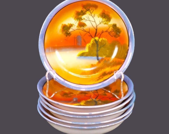 Six hand-painted Nippon lusterware fruit nappies, dessert bowls.