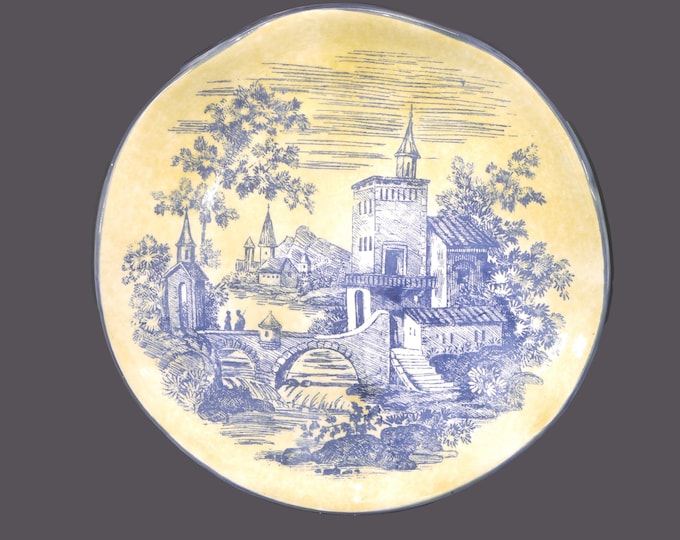 American Atelier English Toile Waverly-style salad plate. Blue and yellow toile. Flaw.