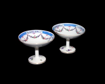 Pair of antique art nouveau George Jones 19625 hand-decorated compotes, stemmed ring or jewelry dishes made in England. Ryrie Bros Toronto.