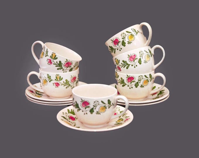 Six Johnson Brothers Gretchen cup and saucer sets made in England.