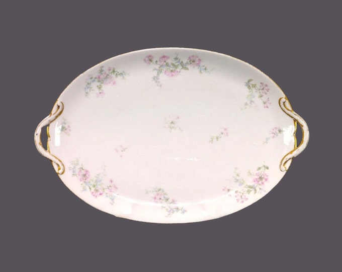 Art-deco era GDA Limoges | Field Haviland Limoges handled turkey platter. Pink blue florals, embossed-gold handles. Flaws (see below).