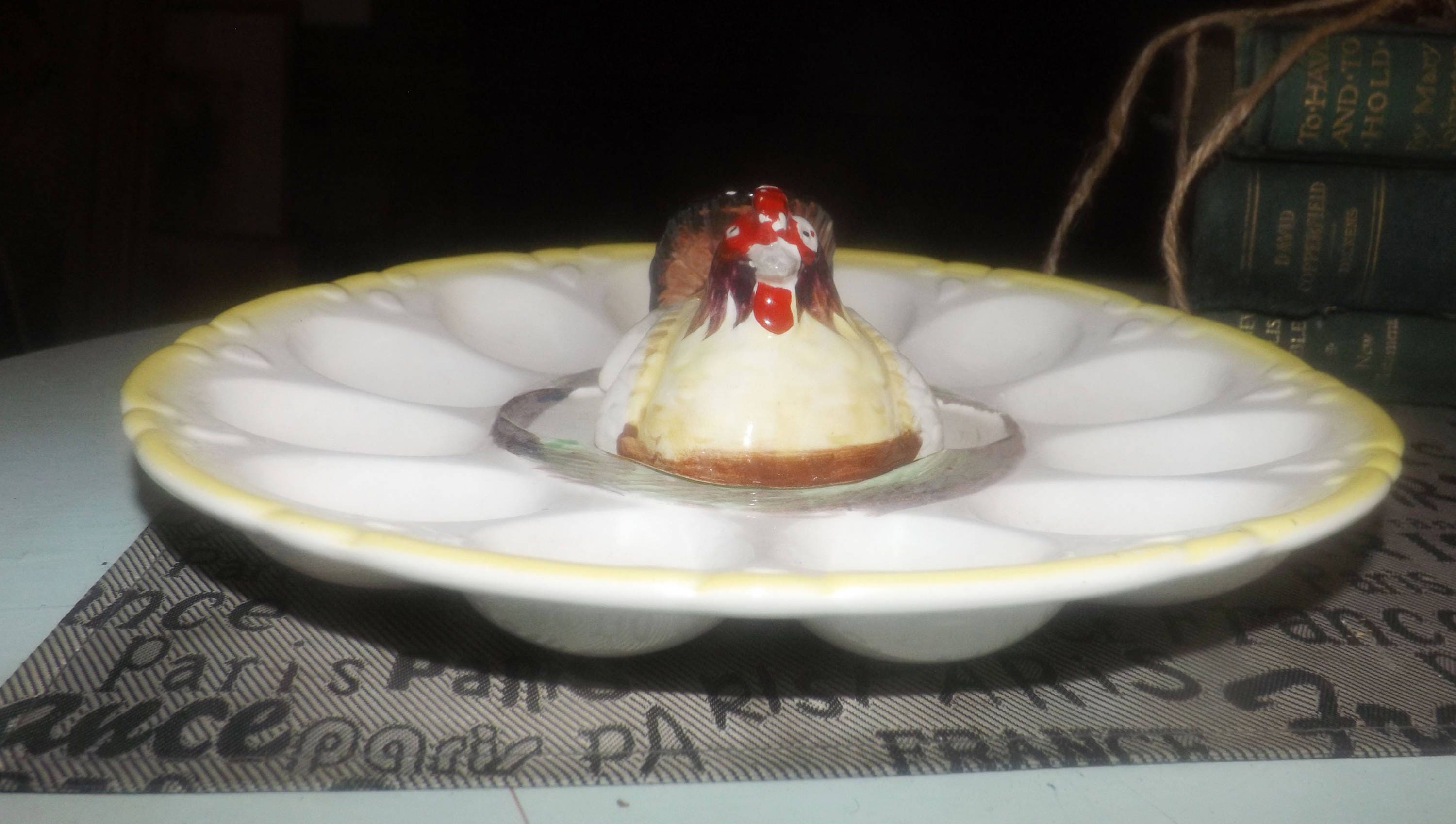 Late midcentury (1950s) Deviled Egg serving plate, hen in the center