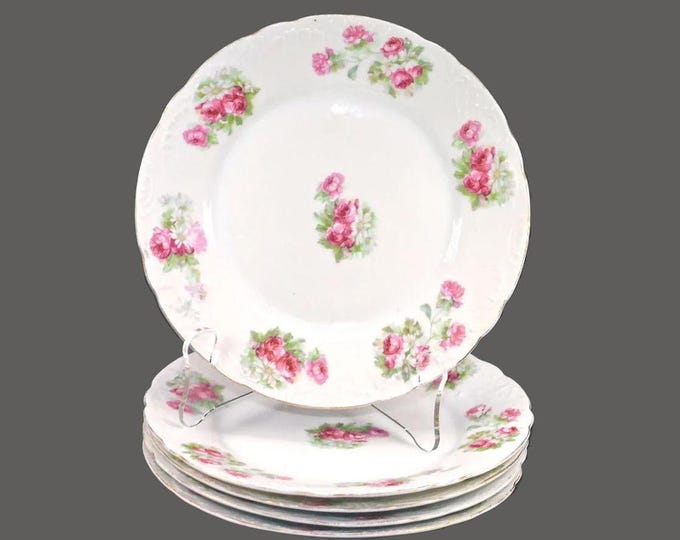 Five Carlsbad China dessert or tea plates. Pink roses, white daisies, embossed details. Made in Czechoslovakia. Similar to Carlsbad 1244.