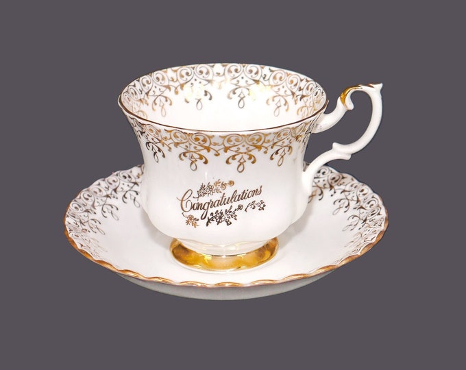 Royal Albert Congratulations 50th Wedding Anniversary floral filigree cup and saucer set. Bone china made in England.