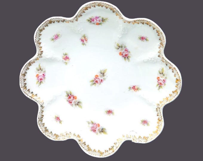 Antique Bernardaud Elysees Limoges star-shaped candy, nut dish. Pink rose sprays, orange flowers, embossed gold. Made in France.