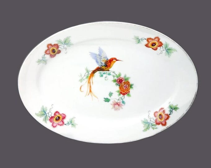 Bernadotte Thun CZE202 oval sandwich or burger platter made in Czechoslovakia. Florals and hummingbird. Flaws (see below).