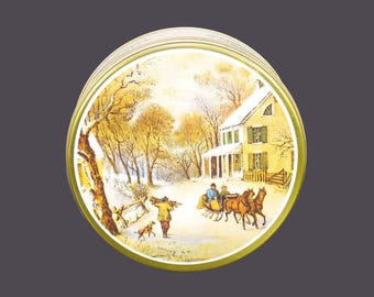 Vintage Currier & Ives American Homestead Winter round cookie or biscuit tin.