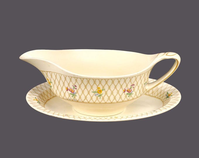 Antique Edwardian Age Johnson Brothers Old English Trellis gravy boat with under-plate.
