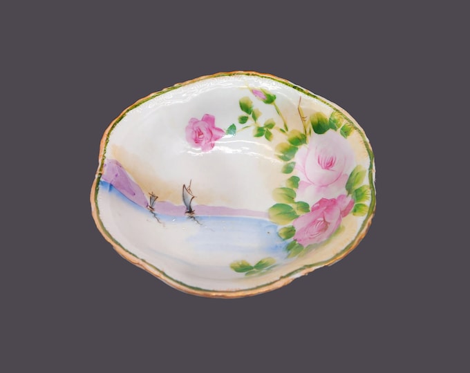 Antique Nippon | hand-painted Nippon rice serving bowl. Water and shore scene with sailboats, bursts of pink roses gold edge.