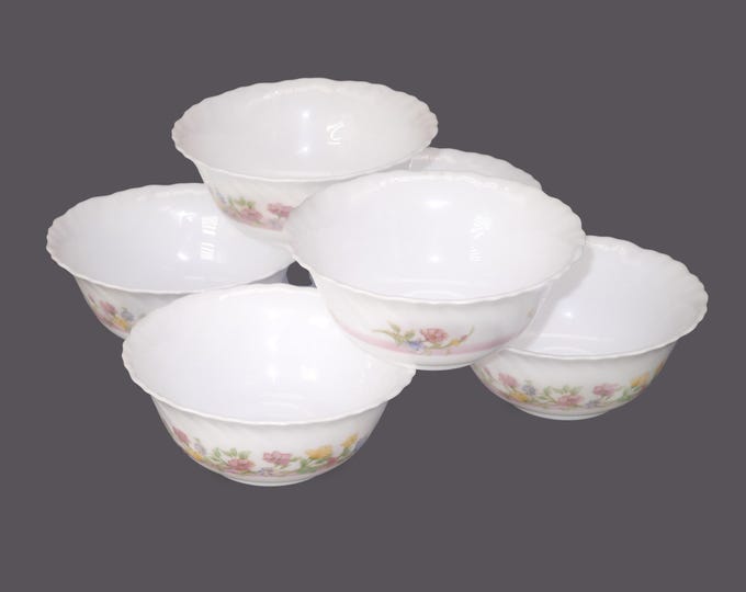 Six Arcopal Elise milk glass dessert bowls. Multicolor flowers, pink band, swirled edge. Made in France. Hard to find.