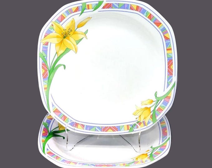 Pair of Corning Designs Santa Fe Lily large square ceramic dinner plates. Sold as pairs only.