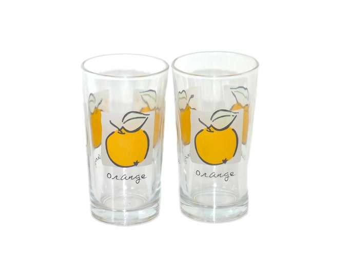 Pair of MCM Firna etched-glass orange juice tumbler glasses made in Indonesia.