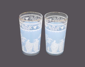 Pair of Jeannette Glass Wedgwood Jasperware-style Hellenic Blue | Grecian high-ball glasses. Gold rims.