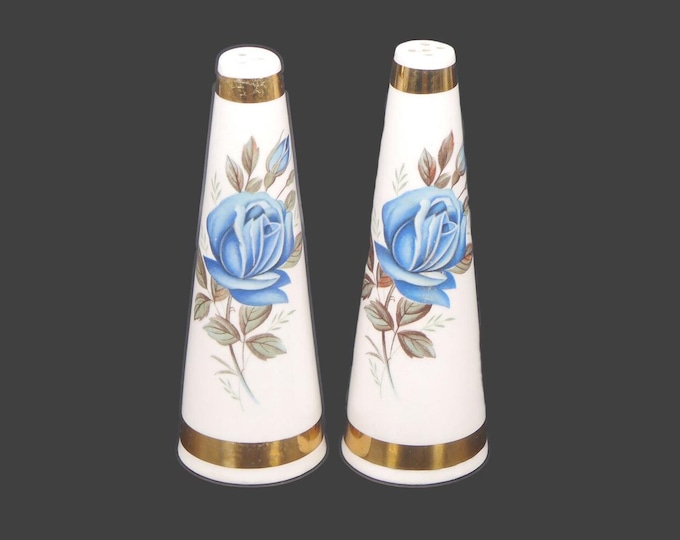 Pair of Royal Stuart | Spencer Stevenson RSE3 | RS963 bone china salt and pepper shakers. Blue roses, gold bands. Made in England.
