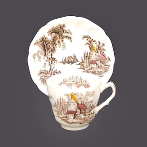 Vintage Johnson Brothers The Old Mill kop en schotel set gemaakt in Engeland.